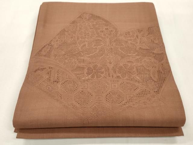 平和屋着物●中国三大刺繍　スワトウ刺繍　相良刺繍　総刺繍　太鼓柄袋帯　紬地　冊子花鳥文　焦香色　正絹　逸品　CABH6683dy