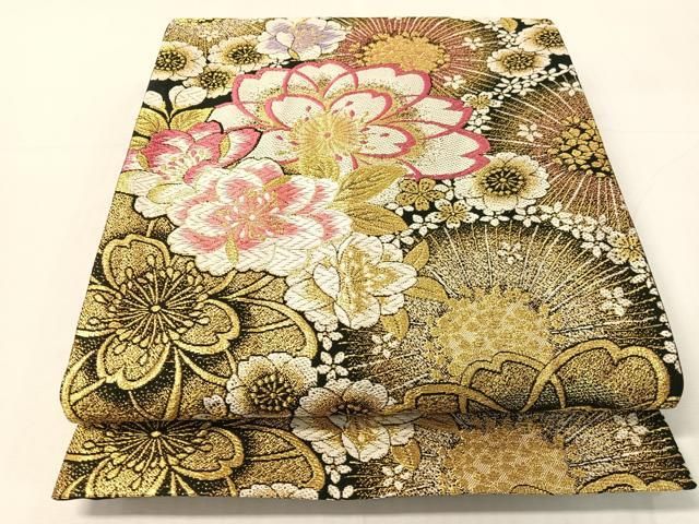 平和屋着物●六通柄袋帯　唐織　舞桜　黒地　金糸　正絹　逸品　CABI4025vp