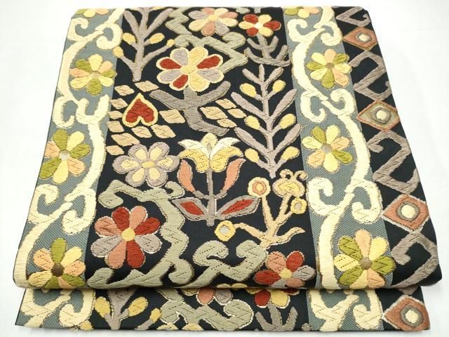 平和屋着物●六通柄袋帯　唐織　草花文　金糸　正絹　逸品　CABI0127hy