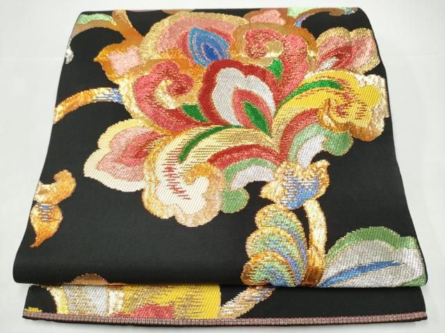 平和屋着物●西陣　環美術織物　六通柄　本袋帯　天平唐花文　黒地　金銀糸　正絹　逸品　CABI0137hy