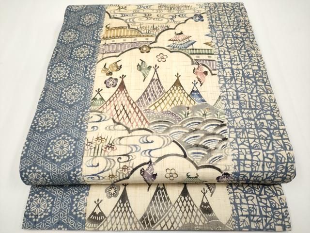 平和屋着物＊夏物　九寸開き名古屋帯　紅型　花鳥風景文　麻　逸品　CABH6114tx