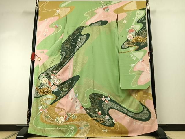 平和屋着物●豪華振袖　駒刺繍　絞り　草花文　金彩　正絹　逸品　AABI9127fy