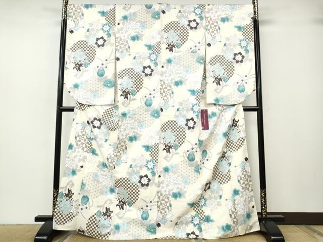 平和屋着物●小振袖　二尺袖　市松麻の葉花丸文　洗える着物　未使用　CABH2668ut