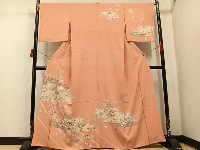 平和屋着物●訪問着　駒刺繍　扇面花文　金銀彩　正絹　逸品　AABI7325ph