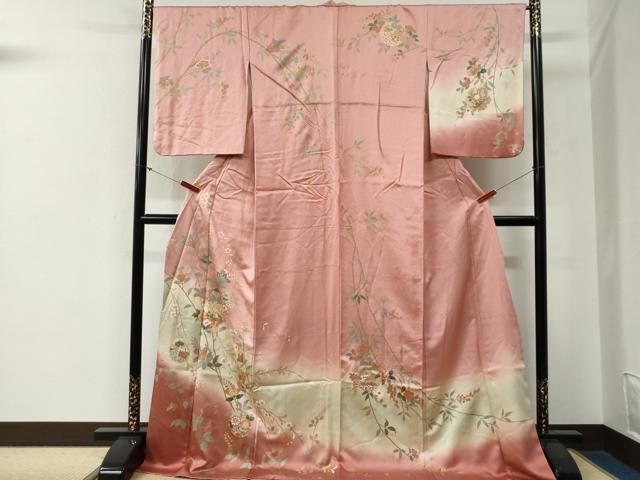 平和屋着物●訪問着　雪輪孔雀草花文　暈し染め　金彩　ロング丈　正絹　逸品　CABG0235yc