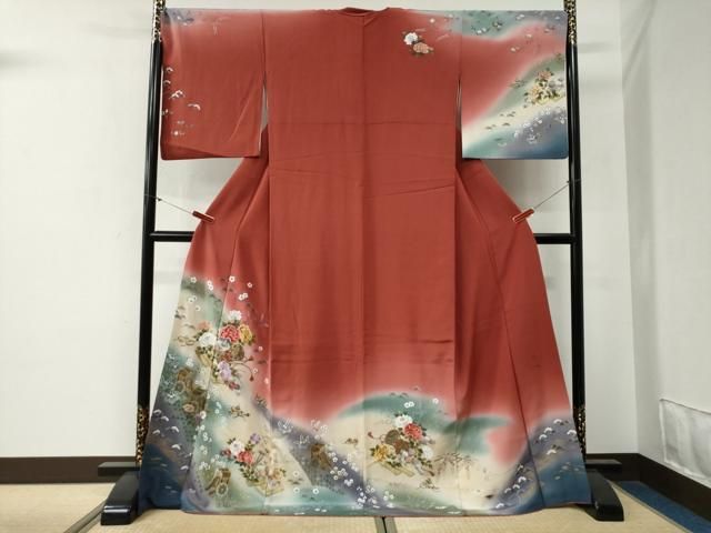 平和屋着物●訪問着　刺繍　鼓御所車草花文　暈し染め　金彩　ロング丈　正絹　逸品　CABG0255yc 33,800円