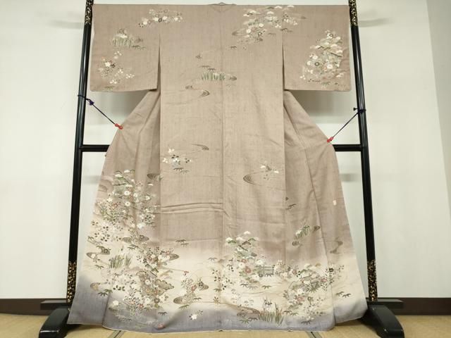 平和屋着物●訪問着　作家物　紬地　流水風景草花文　やまと誂製　正絹　逸品　未使用　DABF1159ud