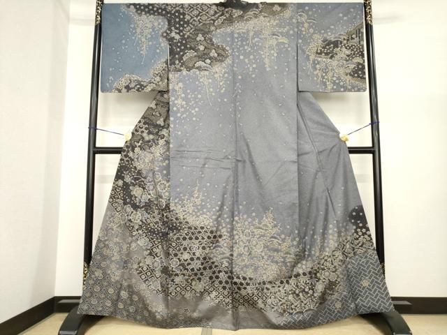 平和屋着物●本場大島紬　染大島　訪問着　辻が花　雪芝花籬文　金彩　正絹　逸品　AABI7537ck