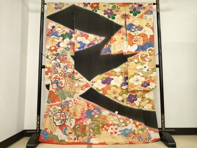 平和屋本店●アンティーク　大正ロマン　振袖　駒刺繍　桐　暈し染め　金彩　正絹　逸品　AABI8856ck