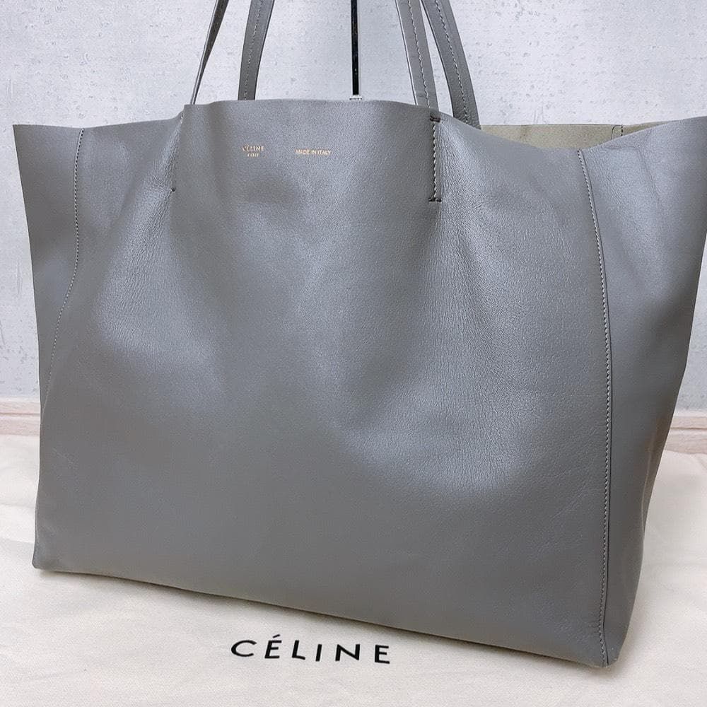 CELINE セリーヌ ホリゾンタルカバ トートバッグ グレー 旧ロゴ フィービー期 大容量 Horizontal Cabas Leather Tote Bag 本革 レザー ハンドバッグ 肩掛け A4 PC 通勤 通学 マザーズバッグ 旅行 レディース 鞄