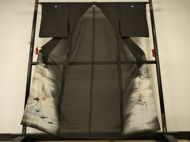 平和屋着物＊夏物　アンティーク　大正ロマン　黒留袖　絽　刺繍　鵜飼　暈し染め　正絹　逸品　AABI6611jd 30,420円