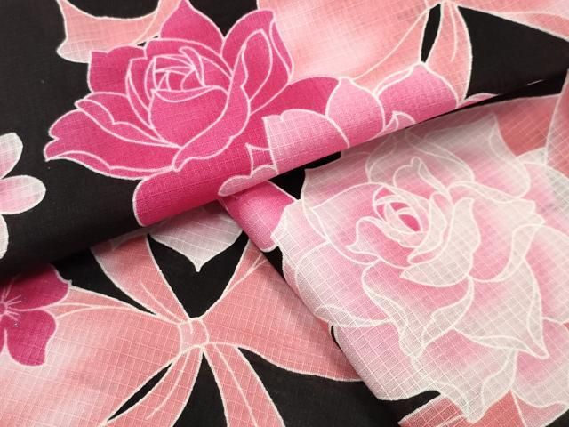 平和屋着物∴夏物　綿紅梅　浴衣　リボン　舞花文　黒地　銀彩　綿　逸品　CABG4119gh