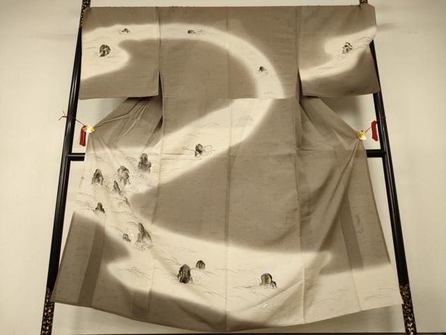 平和屋着物＊夏物　男性　訪問着　紗　手描き　風景文　暈し染め　金彩　キングサイズ　正絹　逸品　AABI6625jd