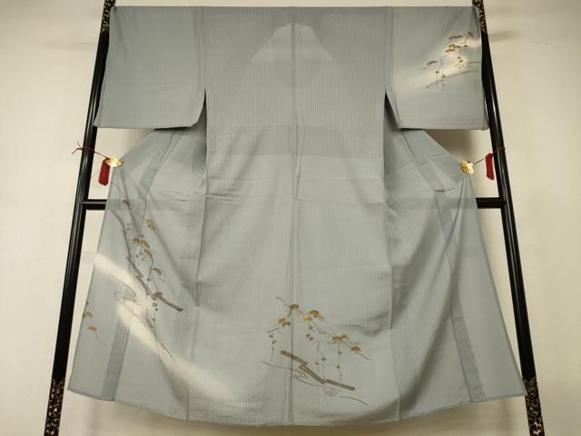 平和屋着物＊夏物　男性　訪問着　縦絽　蔦の葉文　暈し染め　金彩　キングサイズ　正絹　逸品　AABI6629jd
