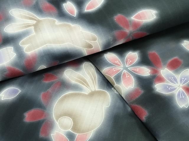 平和屋着物∴夏物　浴衣　跳兎　舞桜文　暈し染め　黒地　綿　逸品　CABG4133gh
