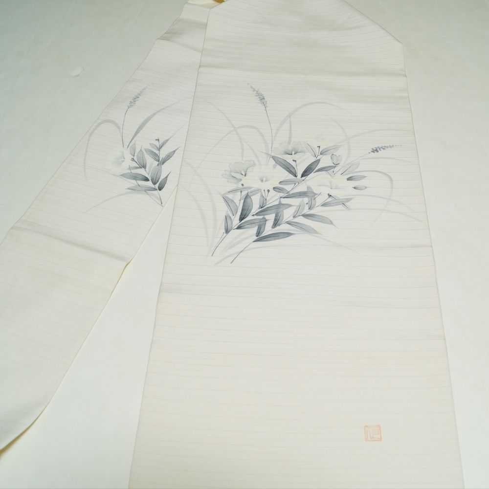 夏物 名古屋帯 絽 塩瀬 作家物 落款有り 枝花模様 正絹 お太鼓柄