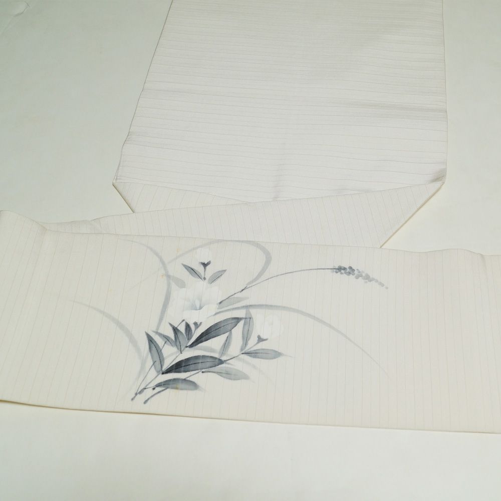 夏物 名古屋帯 絽 塩瀬 作家物 落款有り 枝花模様 正絹 お太鼓柄