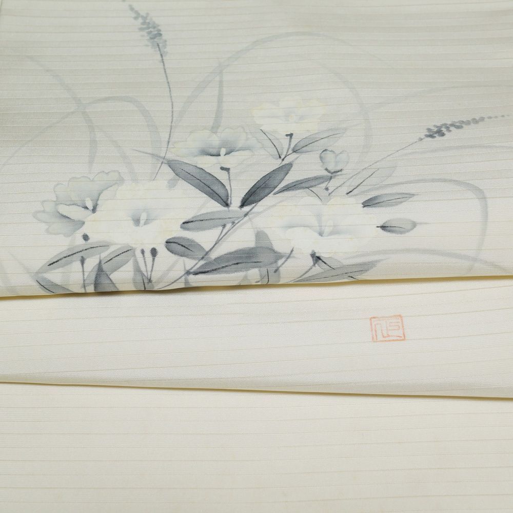 夏物 名古屋帯 絽 塩瀬 作家物 落款有り 枝花模様 正絹 お太鼓柄