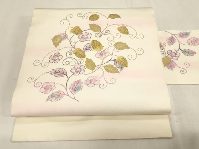平和屋着物●中国三大刺繍　相良刺繍　塩瀬　九寸名古屋帯　駒刺繍　成り物　苺　金銀彩　正絹　逸品　CABG3062dy