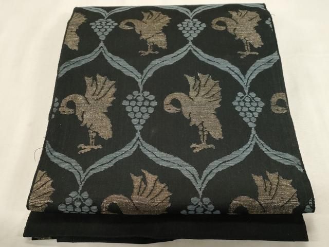平和屋着物●八寸名古屋帯　紬地　花鳥文　黒地　金糸　正絹　逸品　CABG3076dy