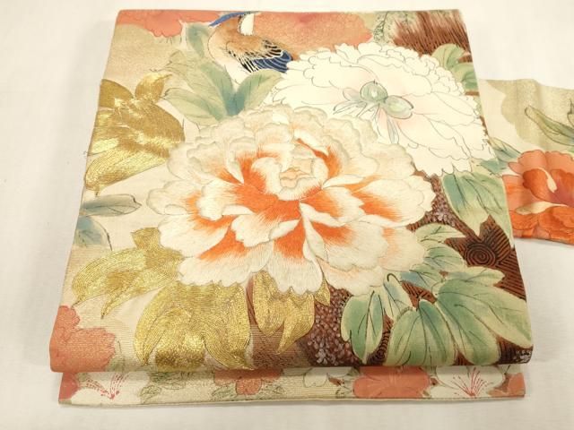 平和屋着物●アンティーク　大正ロマン　九寸名古屋帯　手描き　刺繍　花鳥文　金糸　正絹　逸品　CABG3081dy 27,885円