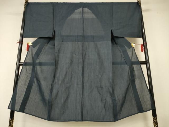 平和屋着物＊夏物　男性　小千谷ちぢみ　色無地　鉄御納戸色　麻　逸品　AABI6607jd
