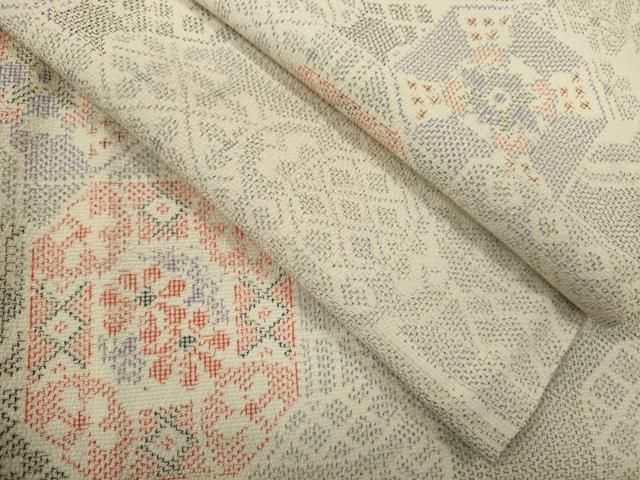 平和屋着物▽本塩沢　単衣　陶器吉祥文　正絹　逸品　CABG2070ze