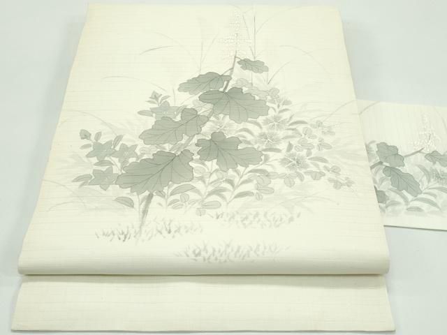 平和屋着物＊夏物　九寸名古屋帯　手描き　秋草文　麻　逸品　CABF4691rv