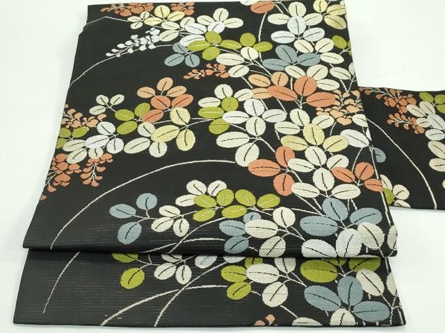 平和屋着物＊夏物　九寸名古屋帯　萩　黒地　金銀糸　正絹　逸品　CABF4693rv