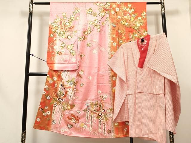 平和屋着物[]七五三　女の子　７歳　祝着　四つ身　襦袢(無双仕立て・半衿刺繍)セット　花蝶文　暈し染め　金彩　逸品　DABE7096ma