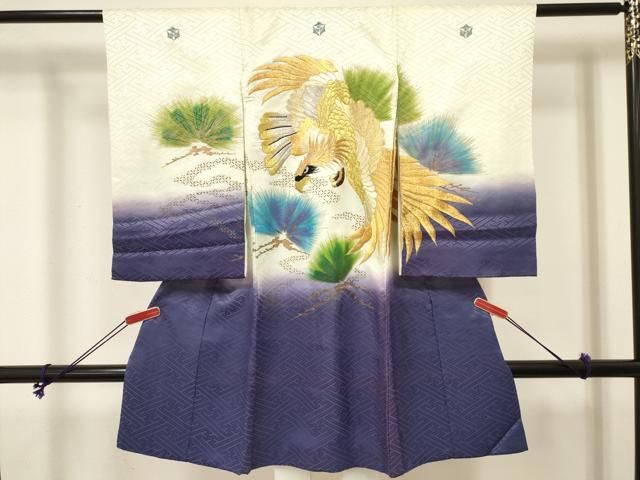 平和屋着物[]お宮参り　男の子　祝着　産着　初着　のしめ　刺繍　鷹　鷲　松文　暈し染め　金彩　逸品　DABE7105ma