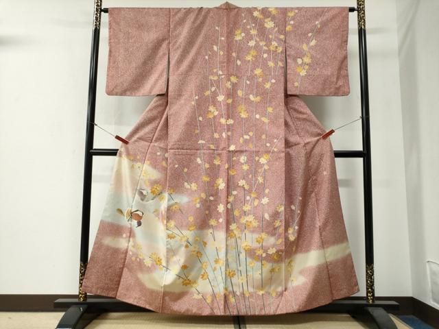 平和屋着物●訪問着　本場染大島紬　作家物　鴛鴦枝花文　金銀彩　正絹　逸品　CABG0169yc