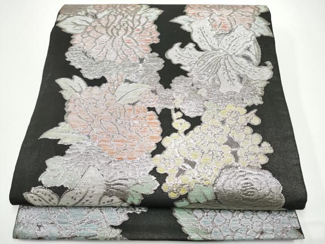 平和屋着物●西陣　川島織物　六通柄　本袋帯　草花文　黒地　銀糸　正絹　逸品　CABG6013hy