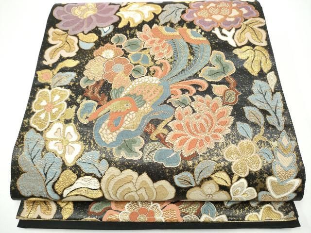平和屋着物●六通柄袋帯　泰平富貴文　黒地　金糸　正絹　逸品　CABG6018hy