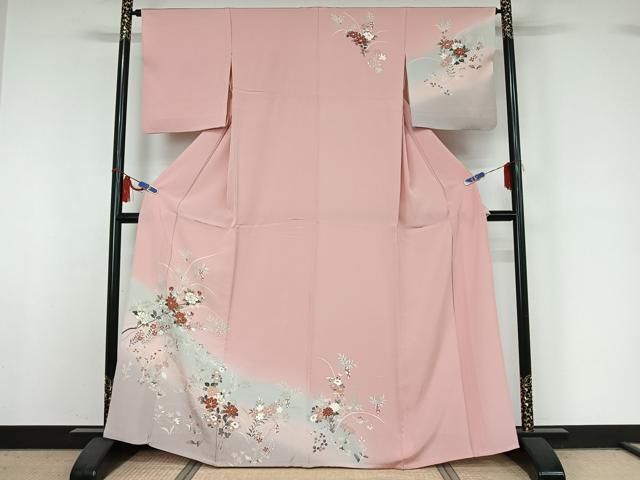 平和屋着物▽訪問着　単衣　草花文　暈し染め　金彩　正絹　逸品　AABI5018jh