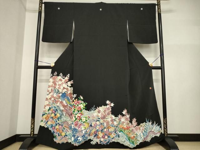 平和屋着物●豪華黒留袖　友禅　作家物　花鳥文　正絹　逸品　AABI5107ck