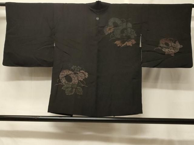 平和屋着物＃羽織　寿光織　鏡裏草花文　黒地　正絹　逸品　CABF8990in