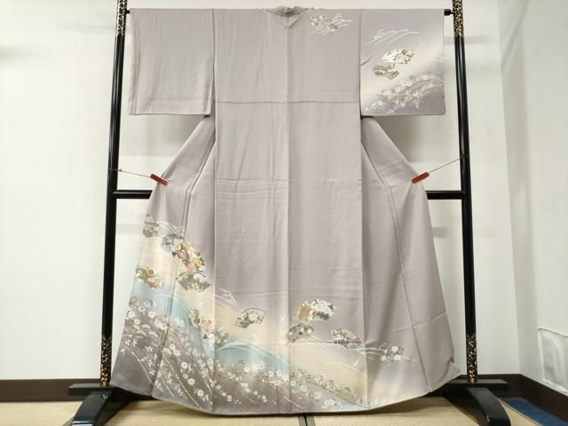 平和屋着物●訪問着　立波地紙鴛鴦鶴草花文　暈し染め　金彩　正絹　逸品　未使用　CABG0113yc