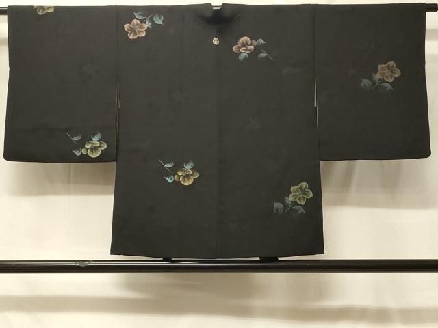 平和屋着物＃羽織　寿光織　草花文　黒地　金糸　正絹　逸品　CABF8993in