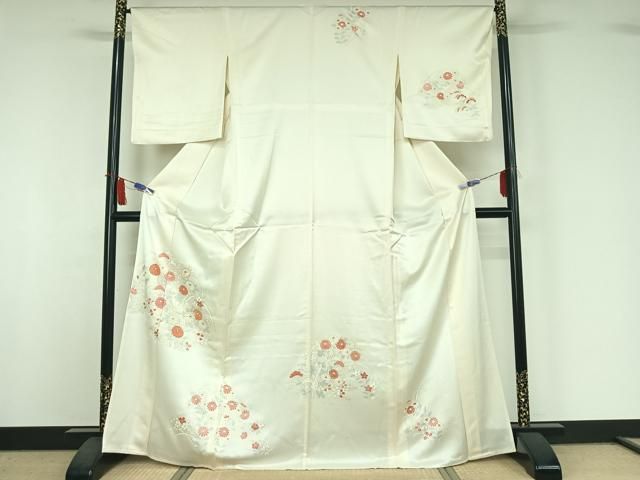 平和屋着物▽訪問着　単衣　駒刺繍　草花文　金彩　正絹　逸品　AABI5031jh