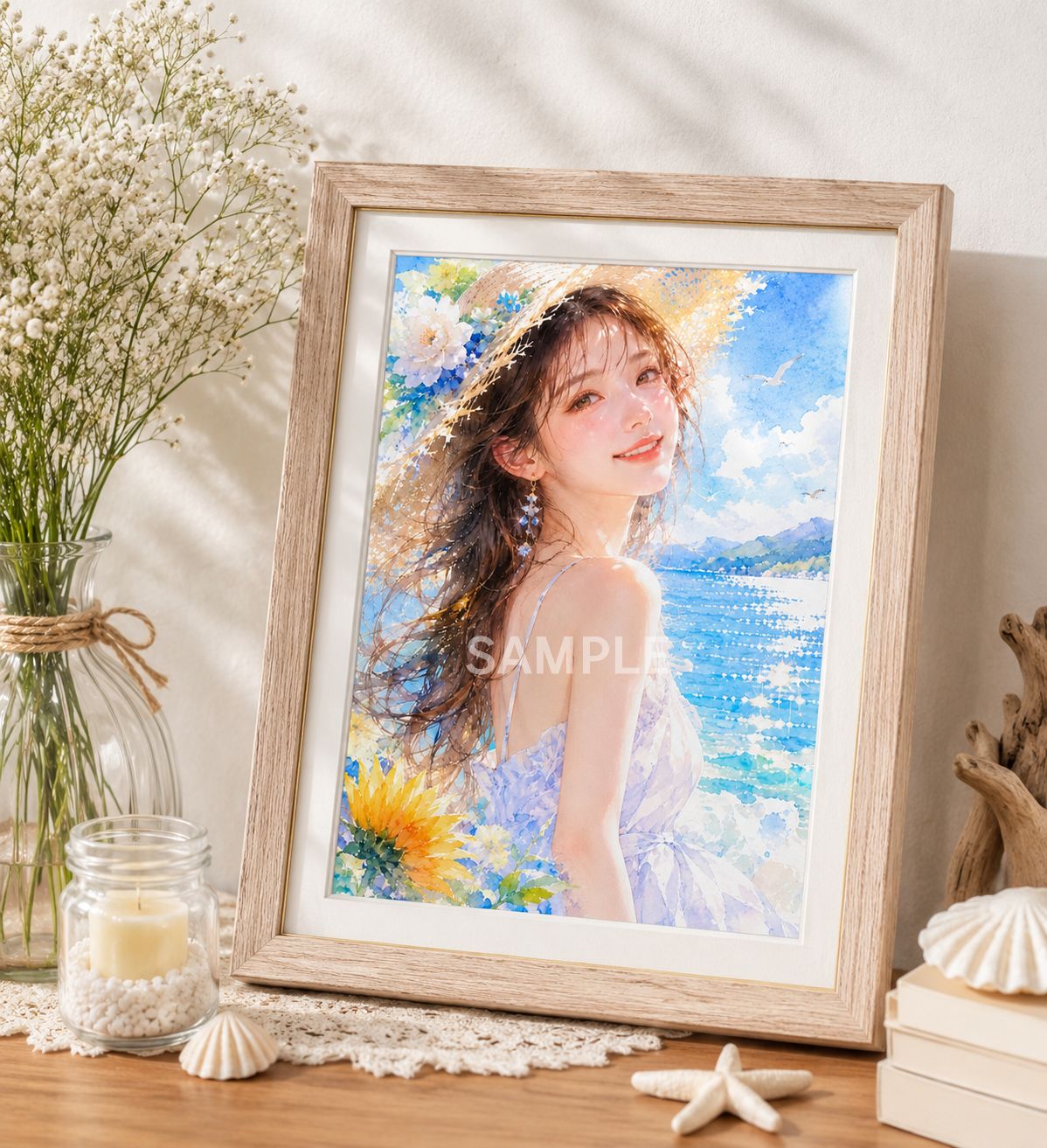 135 透明感あふれる夏の輝き｜水彩画風 美人イラスト 海辺の女性アート