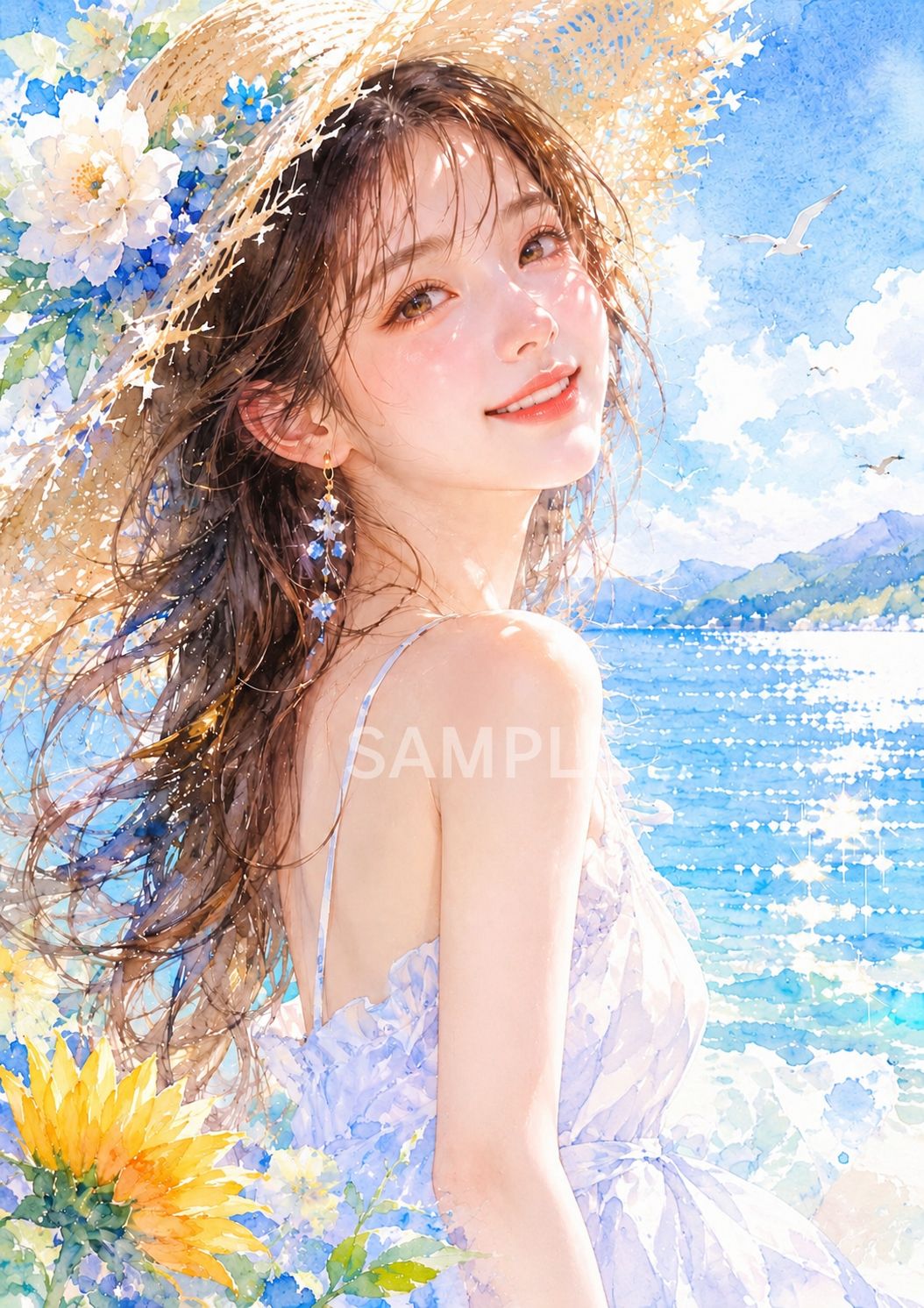 透明感あふれる夏の輝き｜水彩画風 美人イラスト 海辺の女性アート