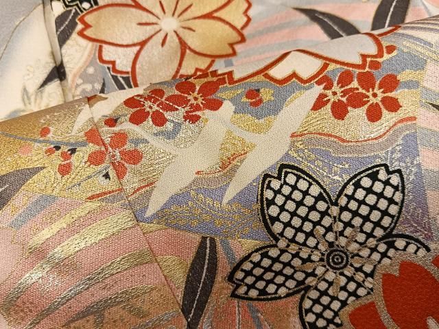 平和屋着物□豪華振袖 飛鶴舞桜文 暈し染め 金彩 正絹 逸品