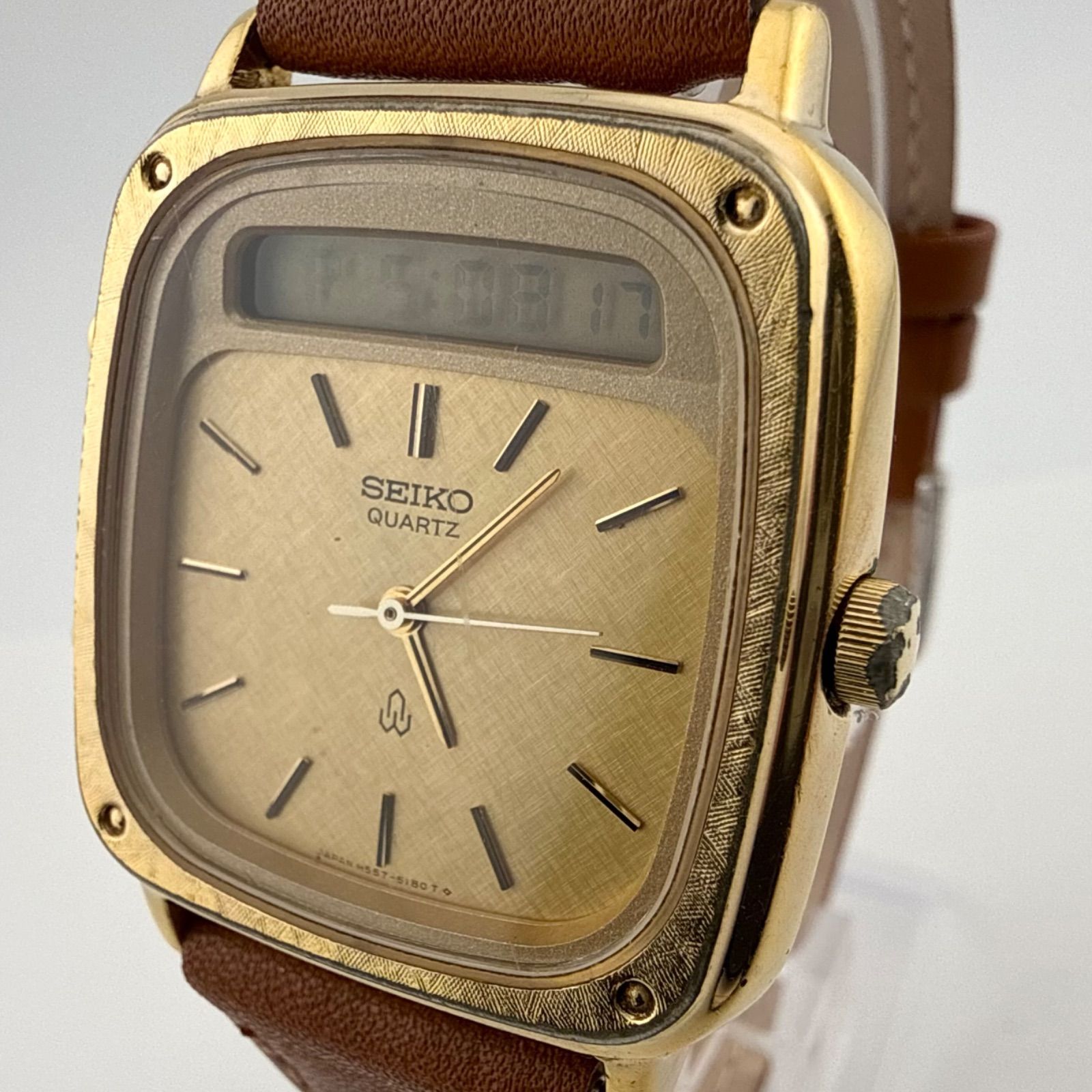 SEIKO H557-5120 セイコー スクエア アナデジ メンズ 腕時計 クォーツ 稼働品 電池交換済み 【O49】