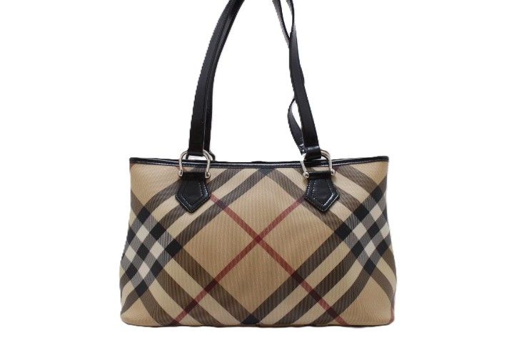 BURBERRY バーバリー バッグ チェック柄 トートバッグ トートバッグ PVC/レザー ベージュ/ブラック レディース【中古】460