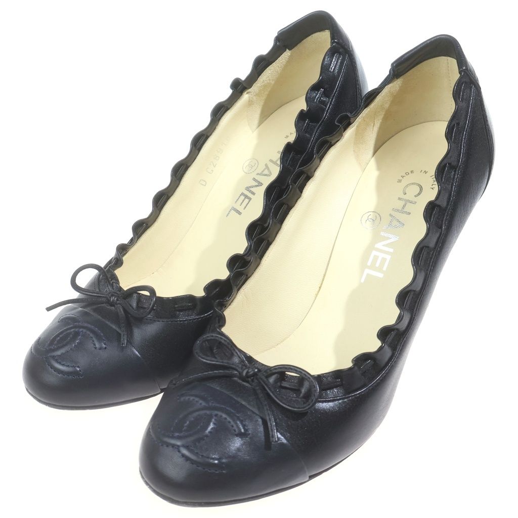 【美品】CHANEL シャネル　ココマーク　リボン　フリルデザイン　パンプス CHANEL (シャネル) ココマーク 型押し リボン付き フリルデザイン