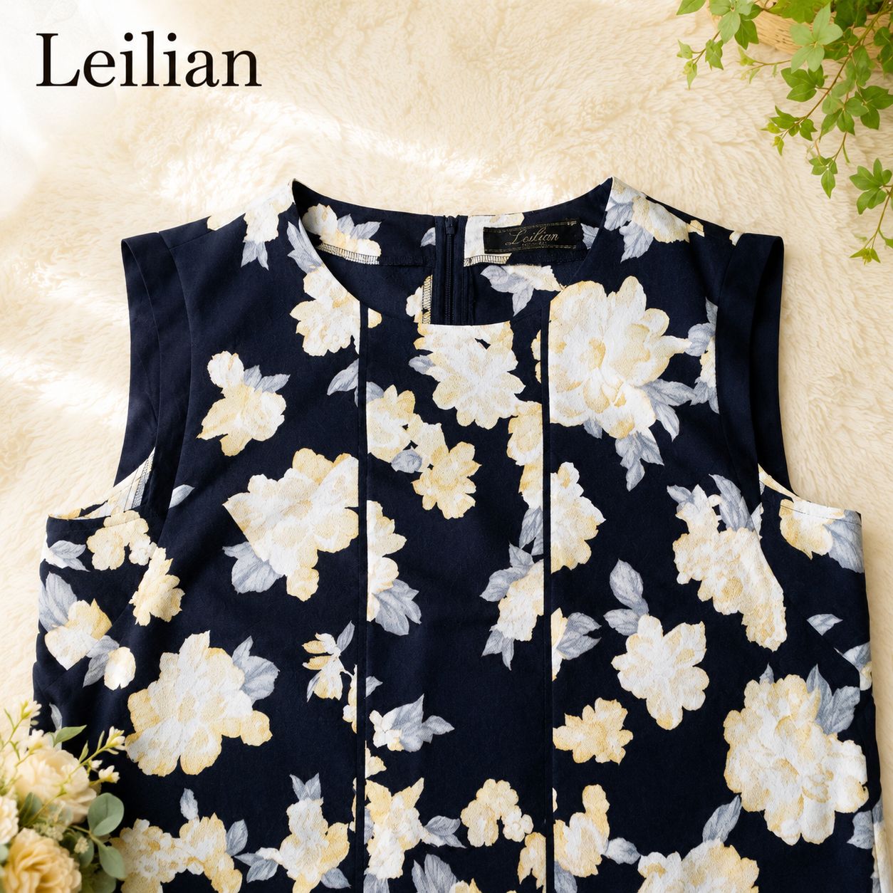 Leilian レリアン♡花柄ノースリーブワンピース♡ネイビー 9号 日本製 