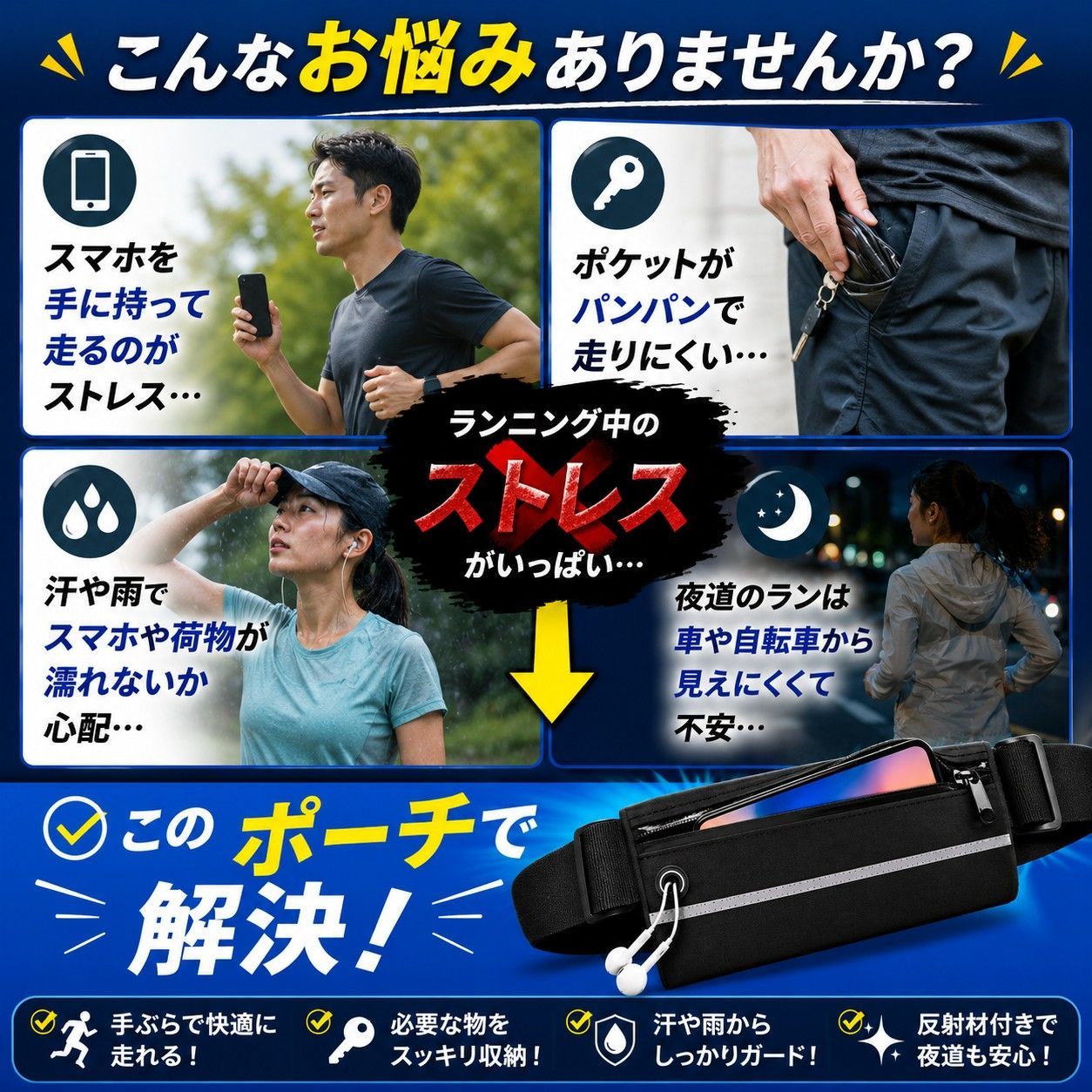 ランニングポーチ ウエストポーチ スポーツ　ランニング　ポーチ 6色 防水 バッグ 多機能　マラソン　アウトドア 黒 収納　軽量　ジョギング　ポーチ　ランニング　ベルト　反射板 thumbnail 2