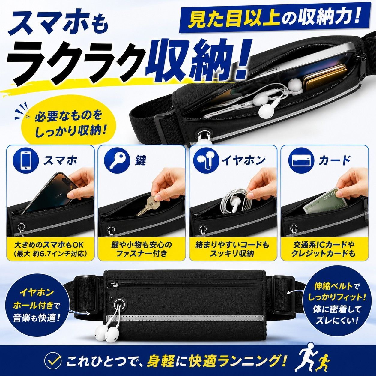 ランニングポーチ ウエストポーチ スポーツ　ランニング　ポーチ 6色 防水 バッグ 多機能　マラソン　アウトドア 黒 収納　軽量　ジョギング　ポーチ　ランニング　ベルト　反射板 thumbnail 4