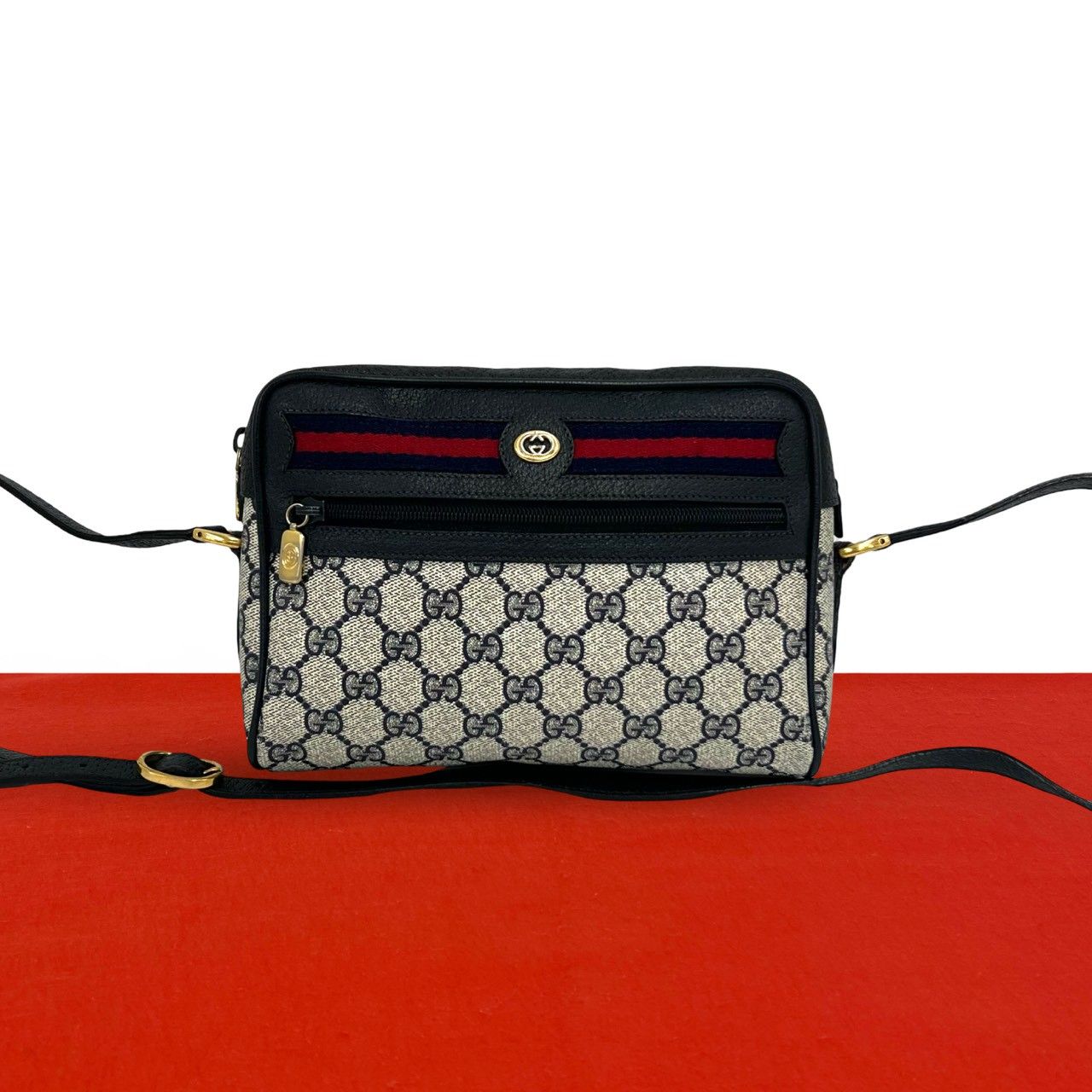 極 美品 GUCCI グッチ オールドグッチ シェリーライン GG ロゴ 金具 レザー 本革 ショルダーバッグ ポシェット サコッシュ ネイビー 41499